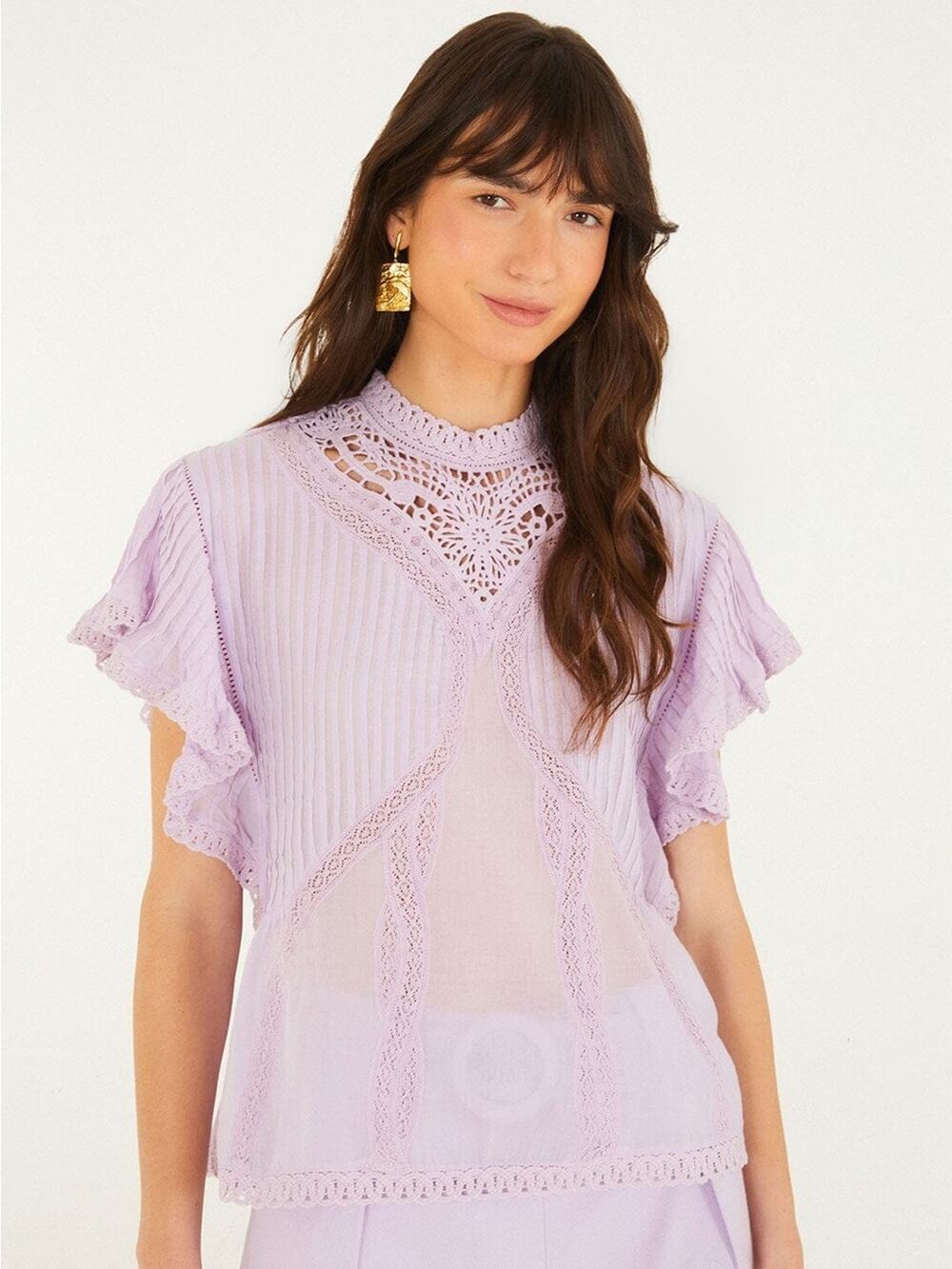 Farm Rio Lilac Lace Ruffled Blouse S